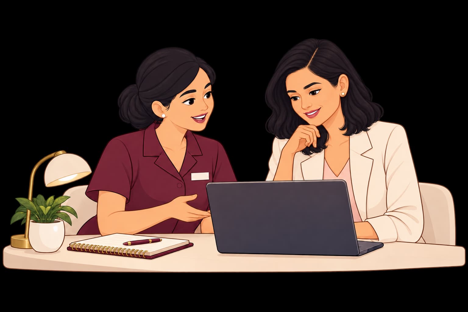 An illustrated clinic owner and receptionist reviewing their clinic together at a laptop