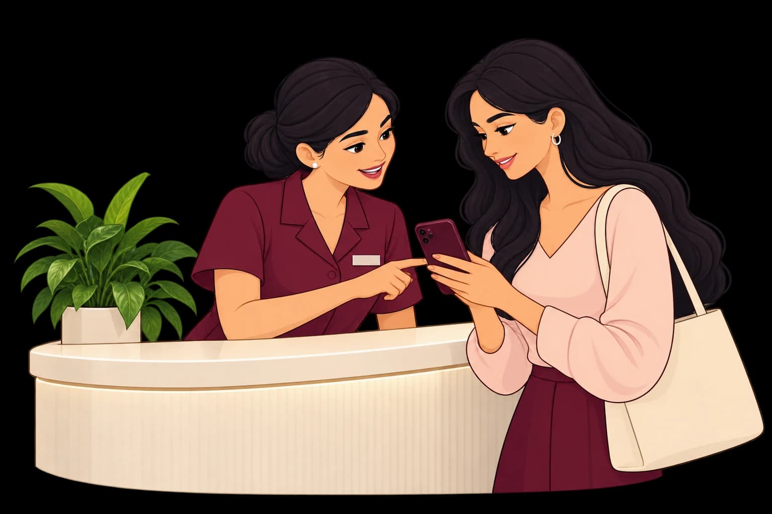 An illustrated receptionist introducing the clinic app to a patient