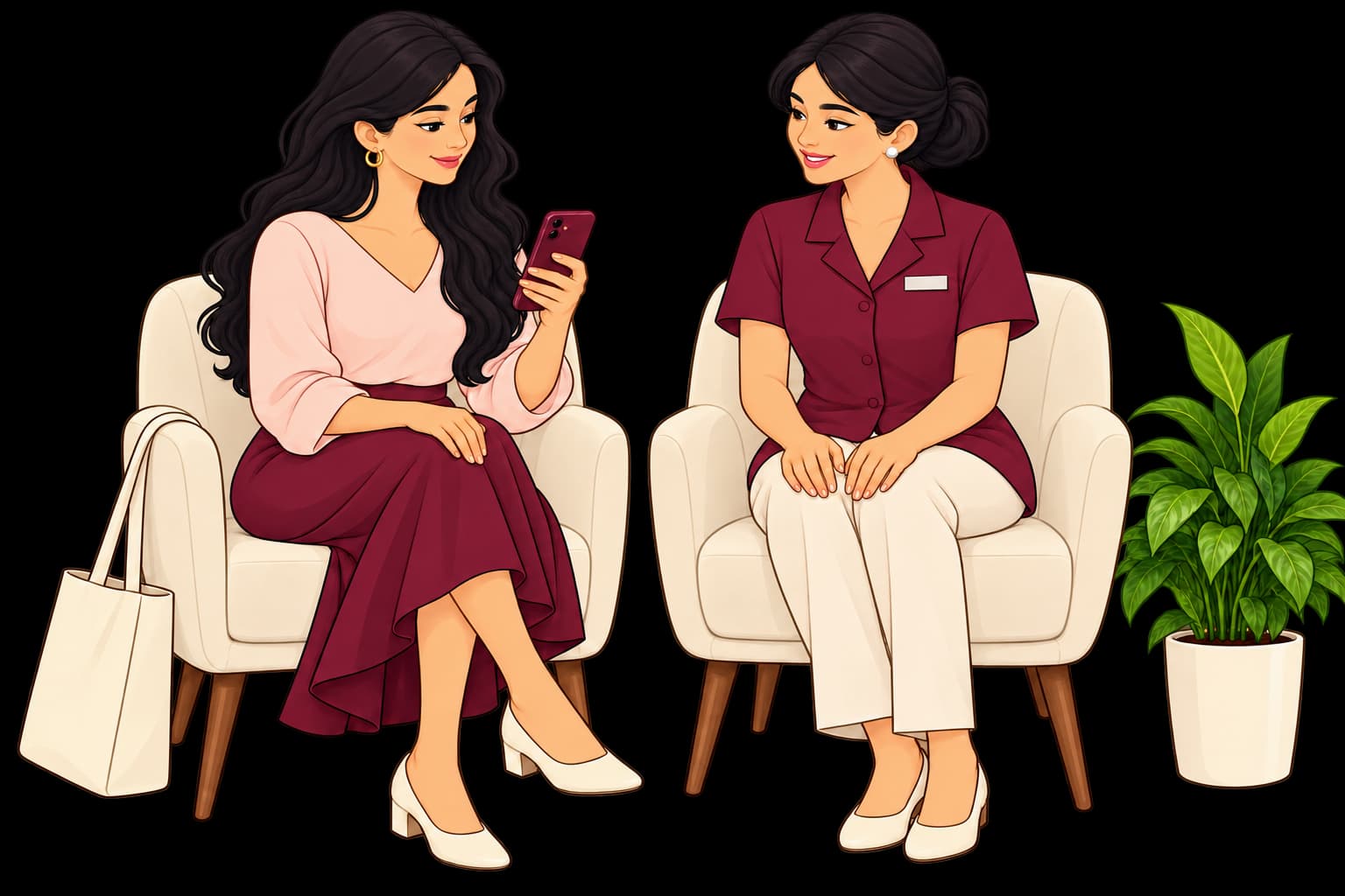 An illustrated patient showing the clinic app on her phone to a receptionist in the waiting area